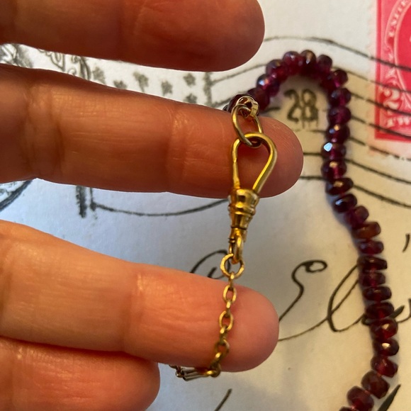 Rhodolite Garnet Hand Strung Gem Necklace With Gold Filled Antique Watch Chain - Picture 3 of 17